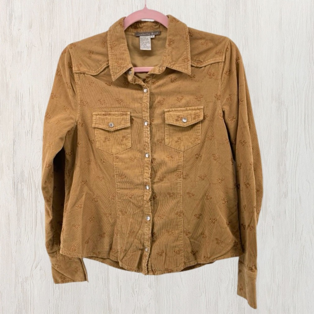 Isabella Bird Women S Gold Tan Corduroy Floral Embroidered Western Snap Shirt